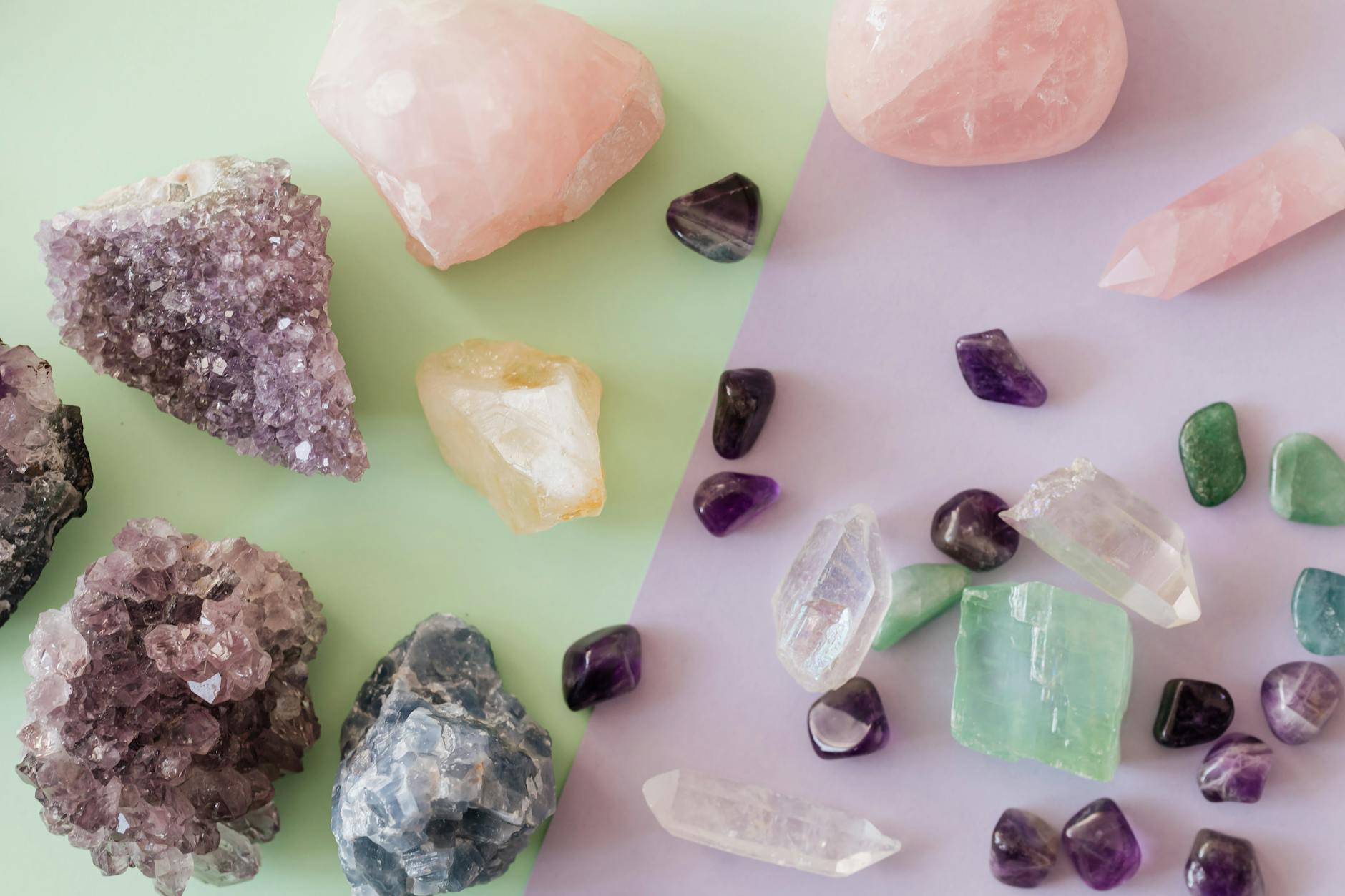 Healing crystals laid out in a grid — representing the material and spiritual abundance flowing through angel number 2828's energy